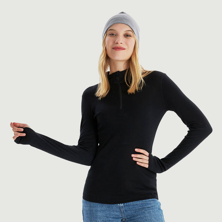 Camiseta interior 100% lana merino para mujer con cremallera 1/4 Negro - MT09