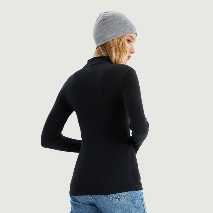 Camiseta interior 100% lana merino para mujer con cremallera 1/4 Negro - MT09