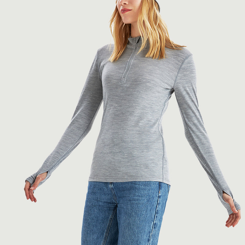 Camiseta interior 100% lana merino para mujer con cremallera 1/4 Negro - MT09