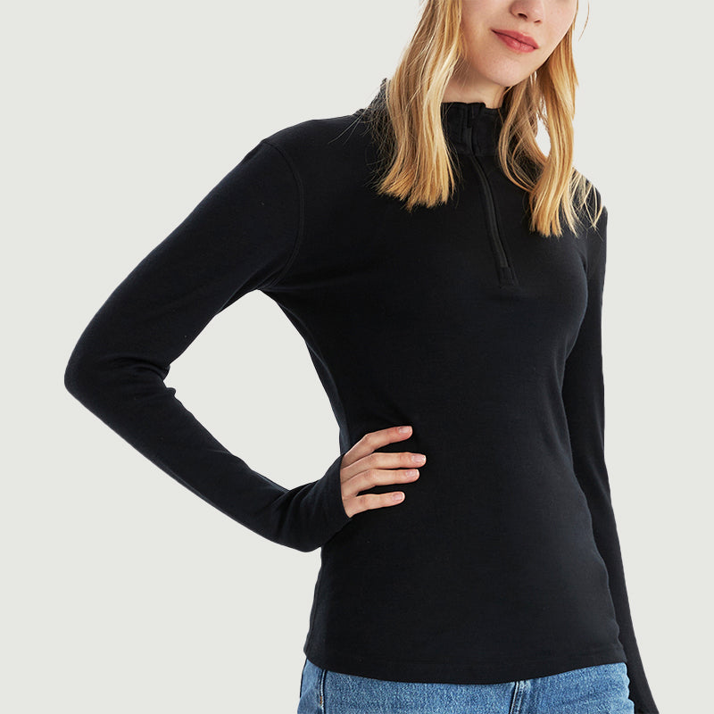Camiseta interior 100% lana merino para mujer con cremallera 1/4 Negro - MT09