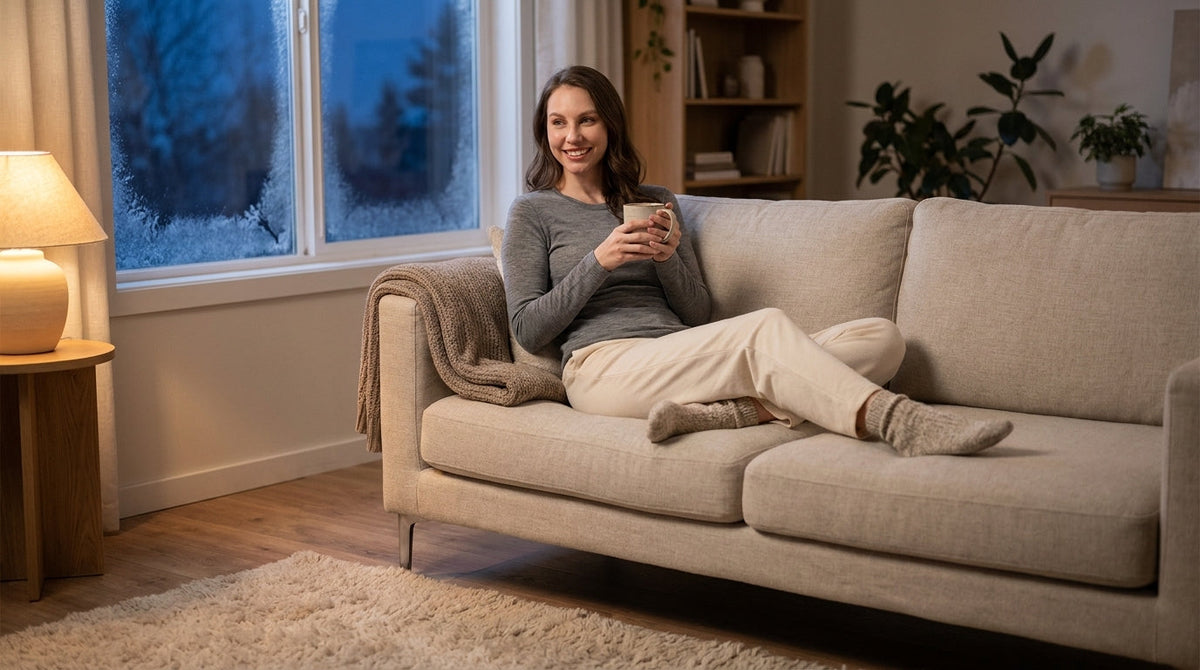 Woman relaxing on a couch at home in winter wearing a merino wool long sleeve and warm socks, blanket set aside