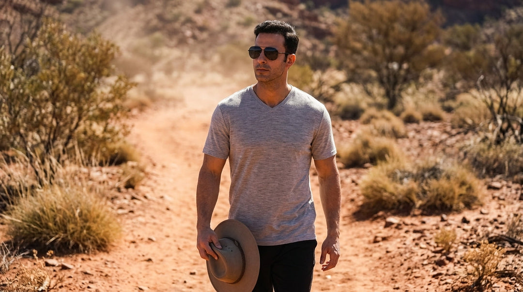 Person wearing a merino wool t-shirt in the Australian outback desert