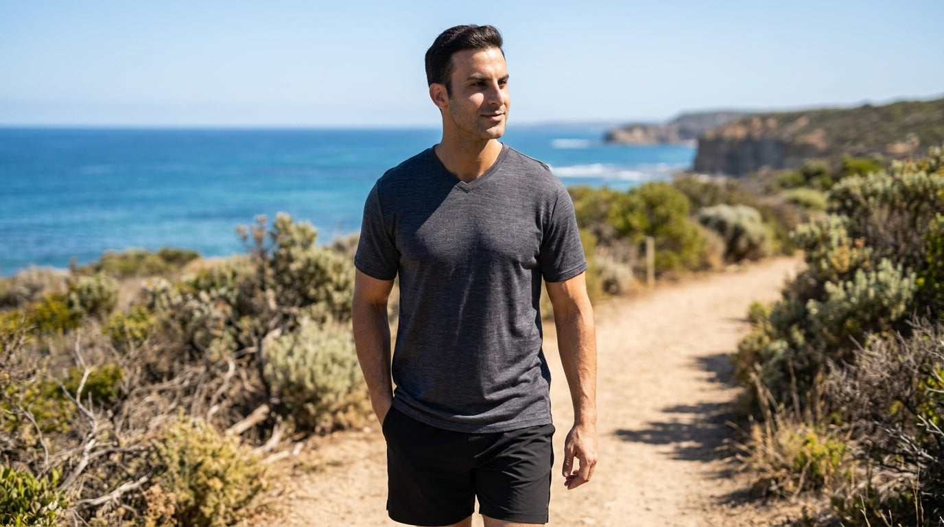 Person wearing a merino wool t-shirt with UPF sun protection on an Australian summer coastal walk