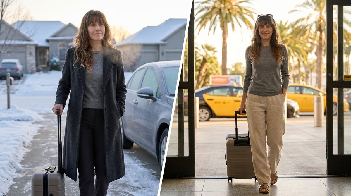Traveler in a winter coat on a snowy driveway beside the same traveler arriving somewhere hot in a merino top