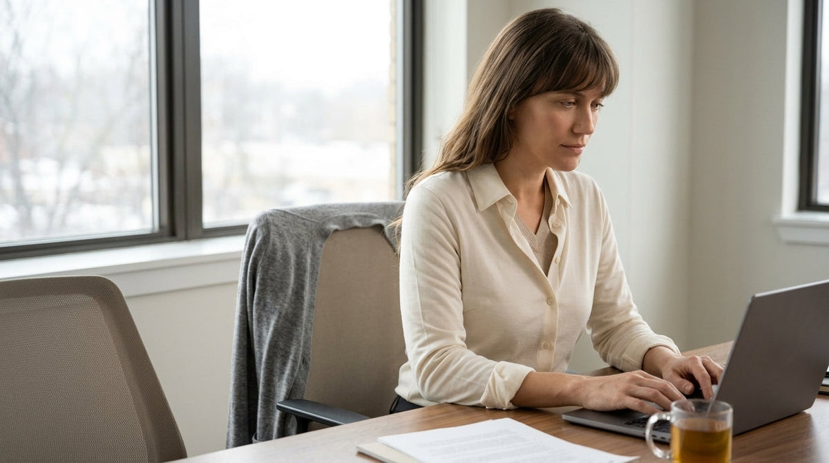 Woman working warmly at her office desk in a thin merino wool layer under her shirt, cardigan left unused on a chair