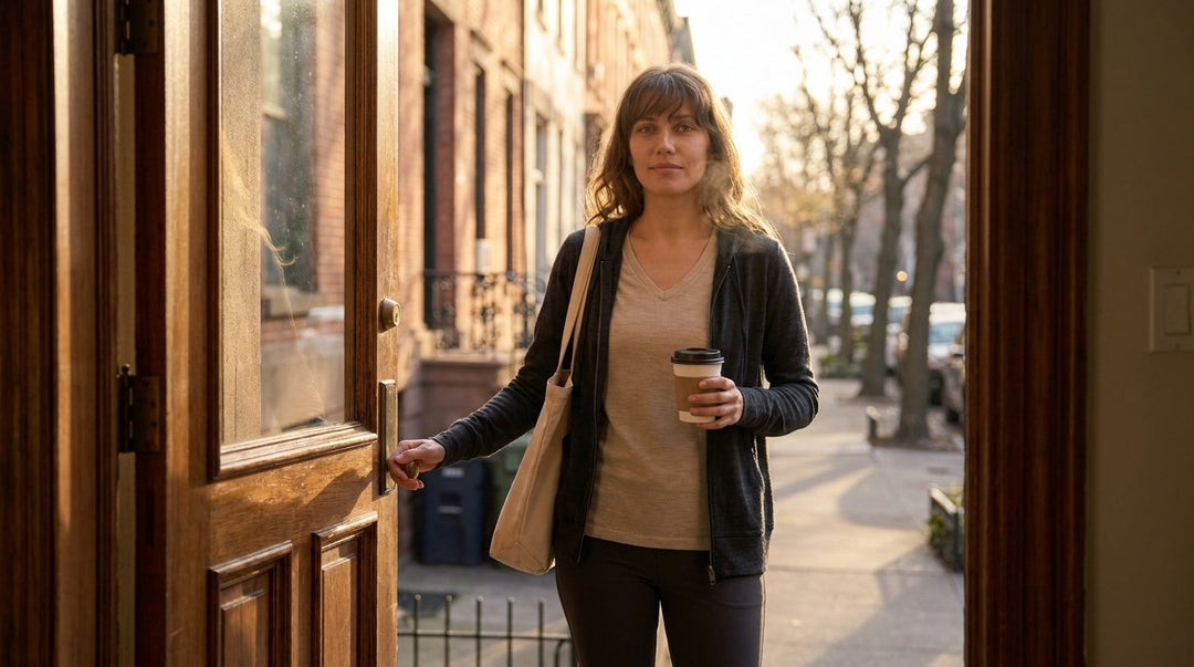 Woman leaving home at sunrise in an oat merino wool V-neck under a zip-up layer on a cold morning