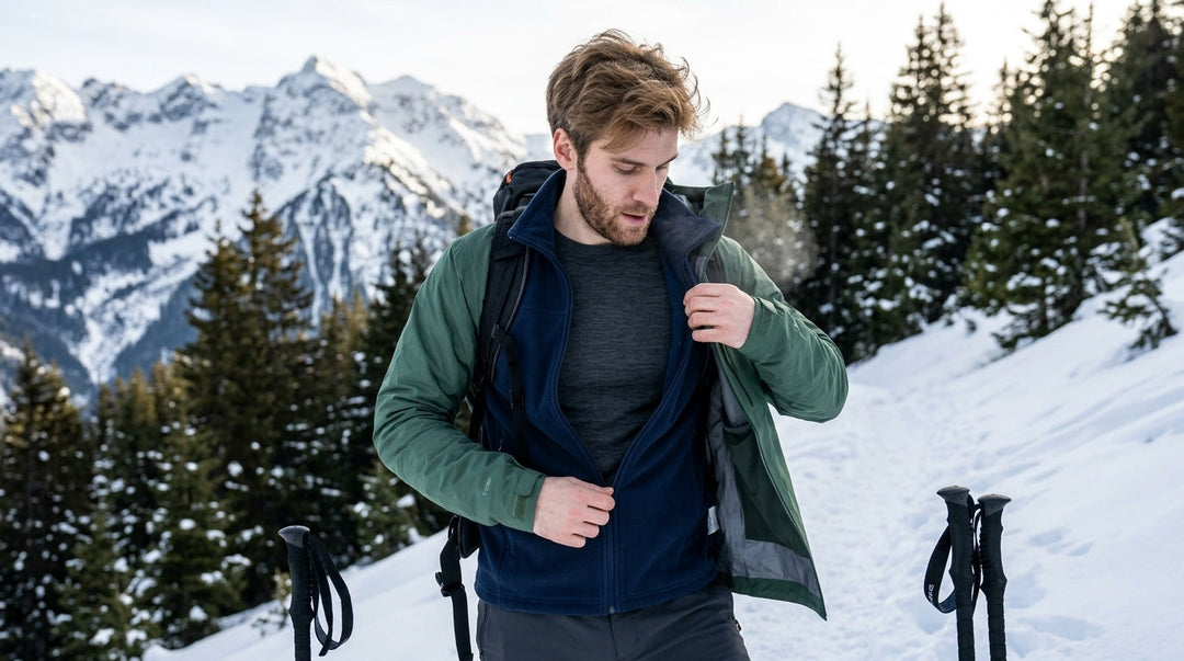 Winter hiker adjusting merino wool layers on snowy trail demonstrating proper three-layer system for cold weather outdoor activities