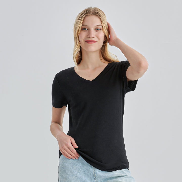 Damen-T-Shirt mit V-Ausschnitt, 100 % Merinowolle, Schwarz – MT10 