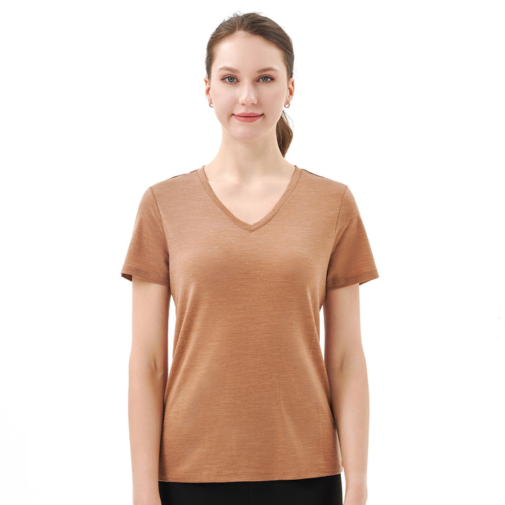 T-Shirt mit V-Ausschnitt für Damen, 100 % Merinowolle, Karamell – MT10