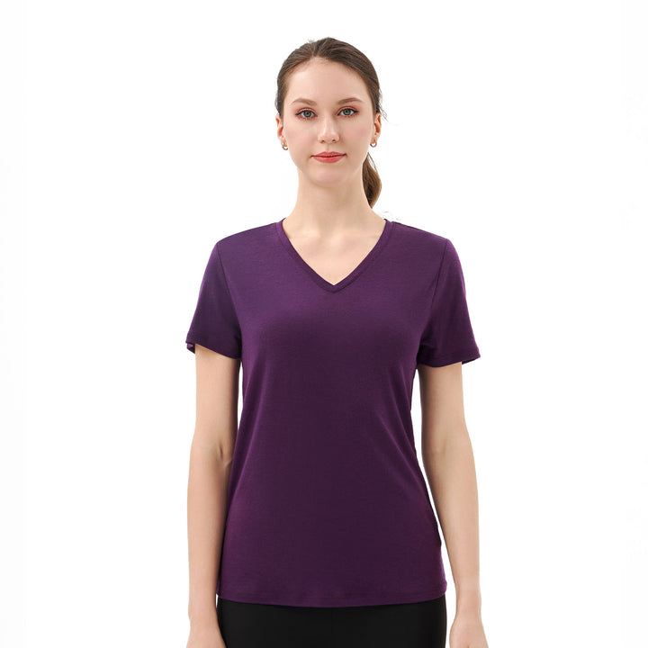 Damen-T-Shirt mit V-Ausschnitt, 100 % Merinowolle, Dunkelviolett – MT10
