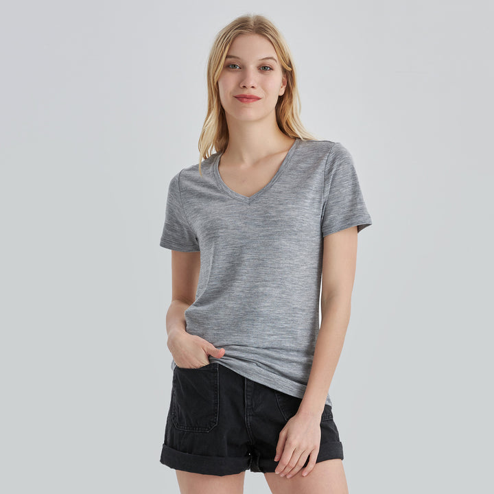 T-Shirt mit V-Ausschnitt für Damen, 100 % Merinowolle, Ebenholz-Melange – MT10 