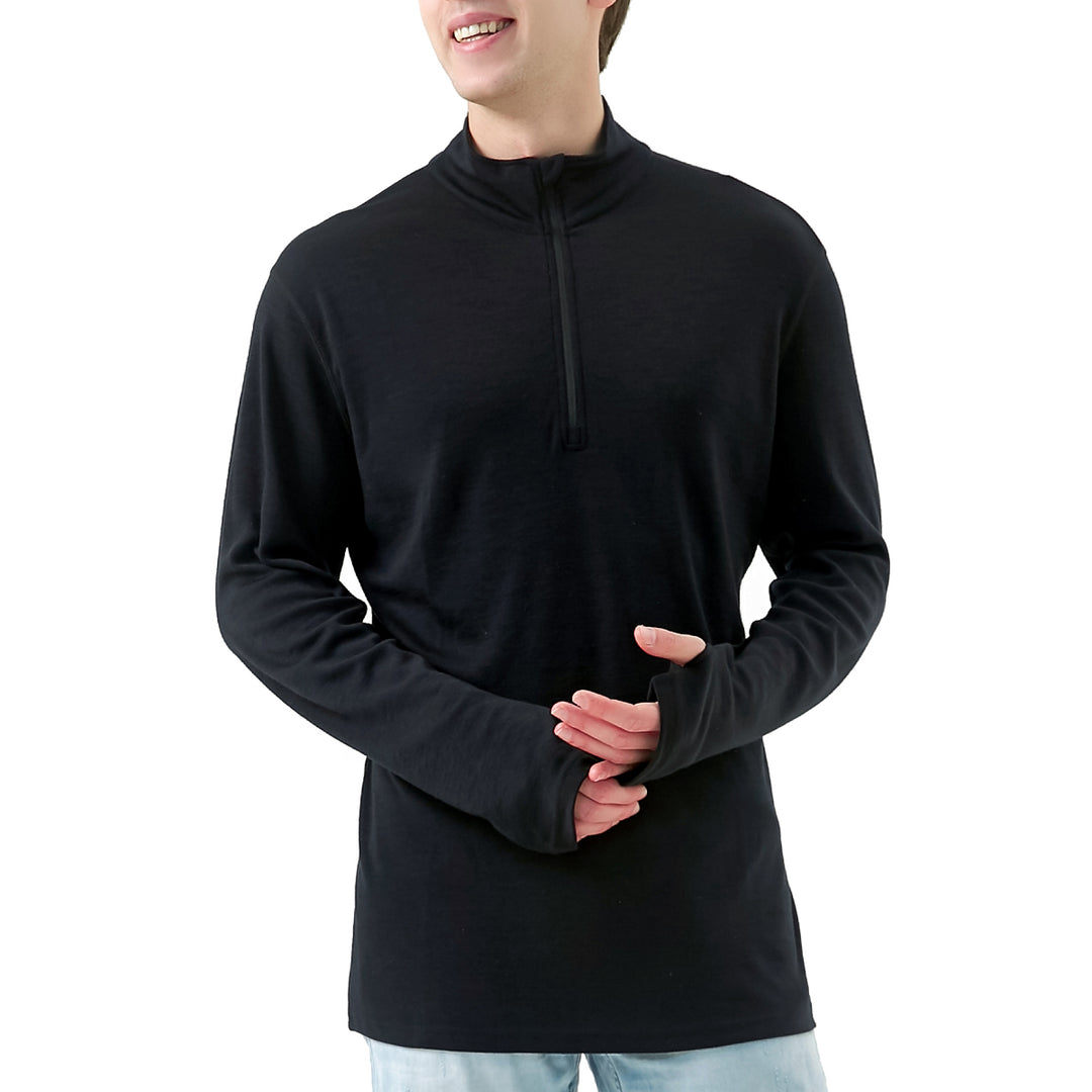 Camiseta interior 100% lana merina para hombre con cremallera de 1/4 Negro -MT08 