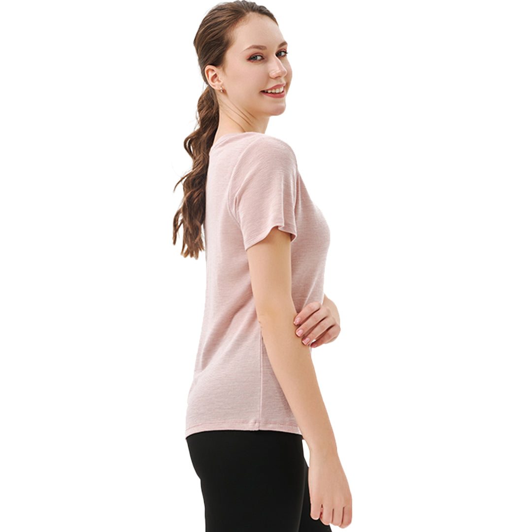 Damen T-Shirt mit V-Ausschnitt, 100 % Merinowolle, rosa-weiße Streifen – MT35
