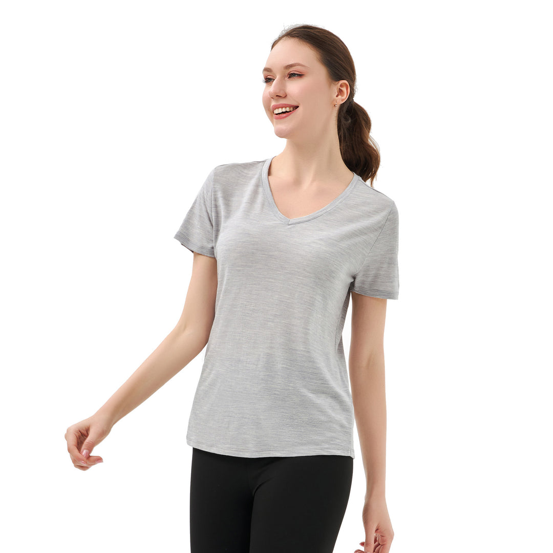 T-Shirt mit V-Ausschnitt für Damen, 100 % Merinowolle, Hellgrau – MT10