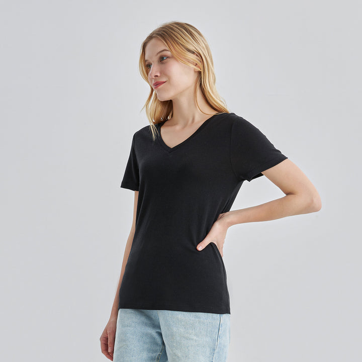 Camiseta Mujer 100% Lana Merino Cuello Pico Negro - MT10 