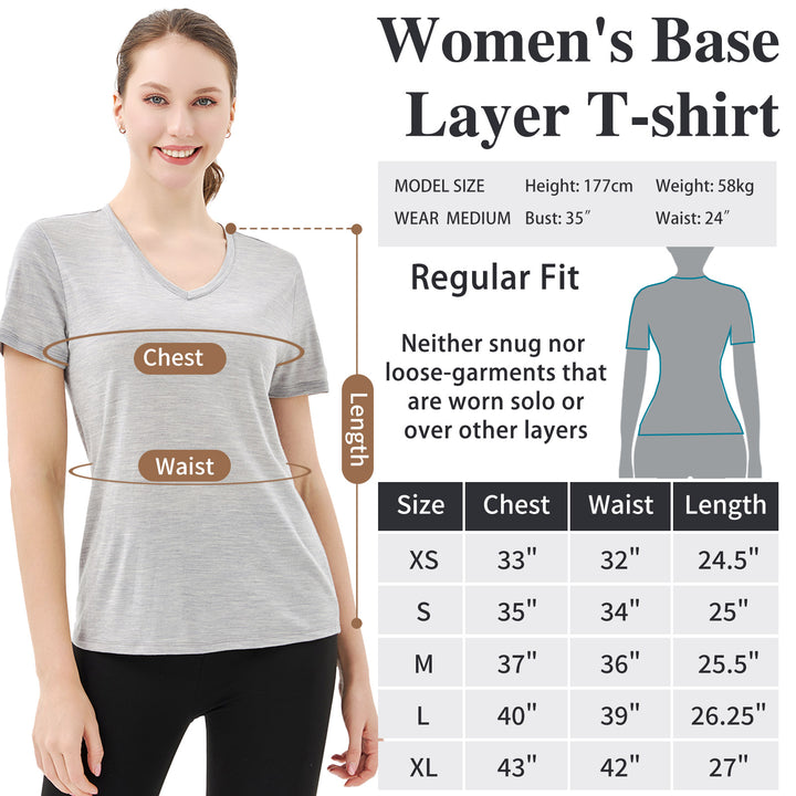 T-Shirt mit V-Ausschnitt für Damen, 100 % Merinowolle, Hellgrau – MT10