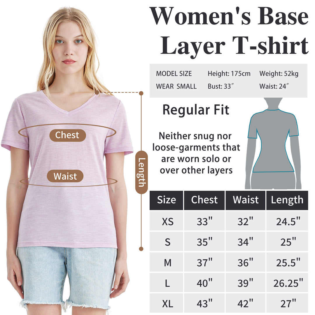 T-Shirt mit V-Ausschnitt für Damen, 100 % Merinowolle, Rosa meliert – MT10 