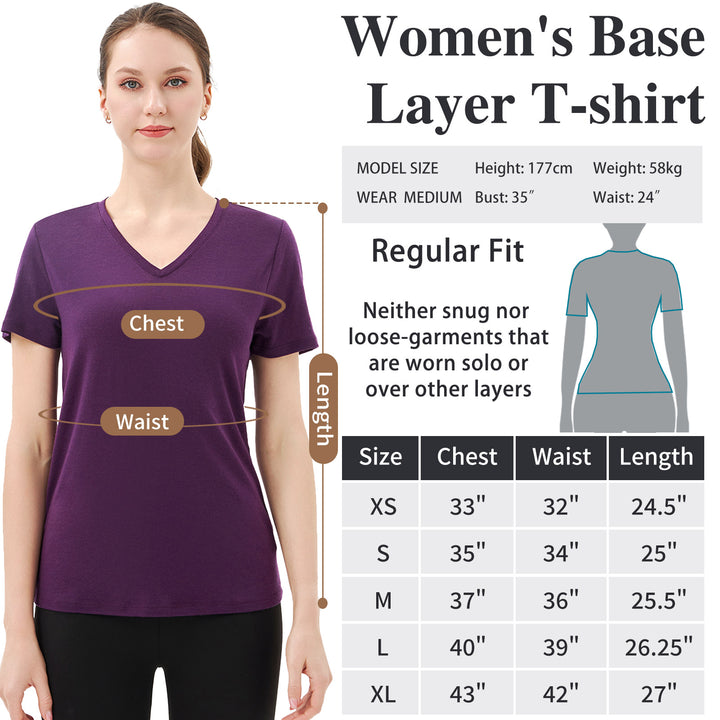 Damen-T-Shirt mit V-Ausschnitt, 100 % Merinowolle, Dunkelviolett – MT10