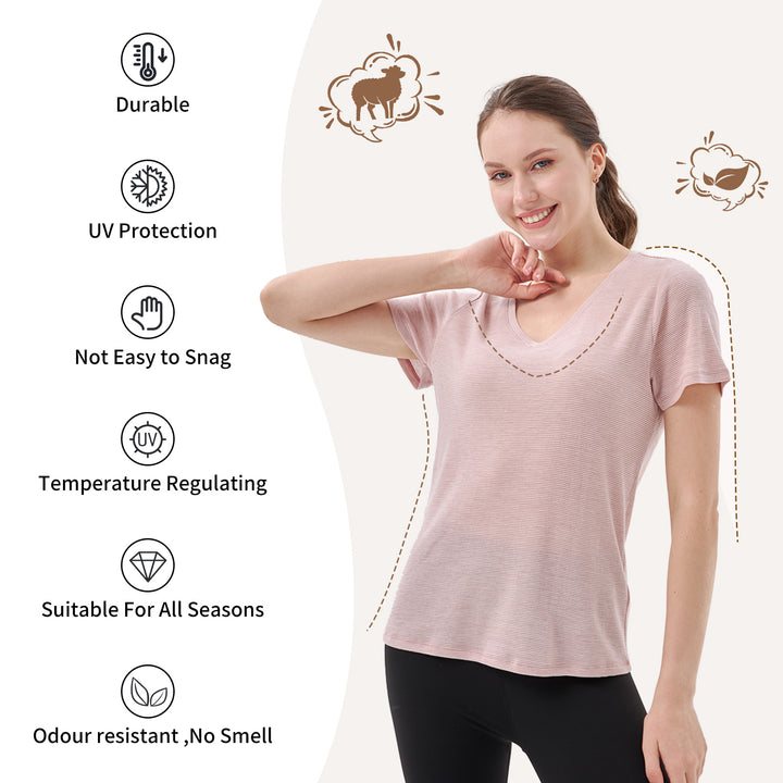 Damen T-Shirt mit V-Ausschnitt, 100 % Merinowolle, rosa-weiße Streifen – MT35