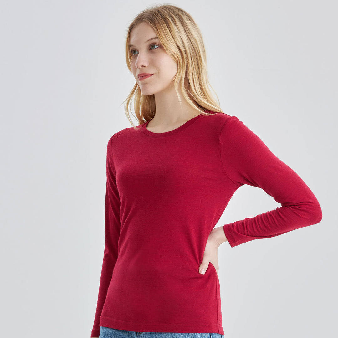 Women’s 100% Merino Wool Long Sleeve T-Shirt Burgundy - MT04