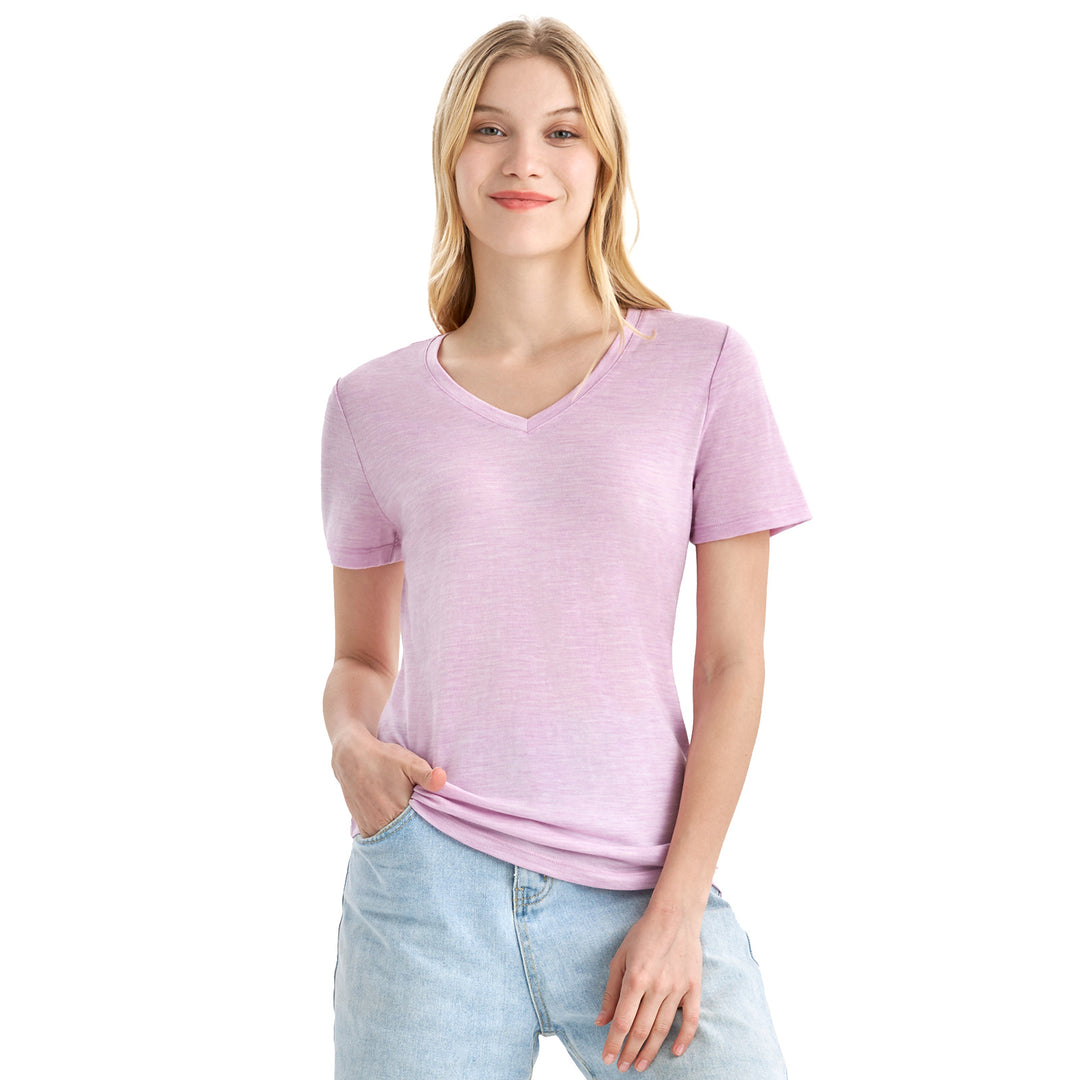 Women’s  100% Merino Wool V Neck T-Shirt Pink Heather - MT10