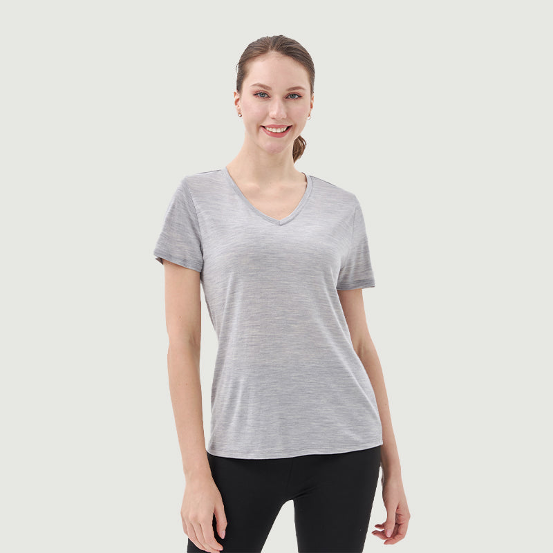 Damen-T-Shirt mit V-Ausschnitt, 100 % Merinowolle, Schwarz – MT10 