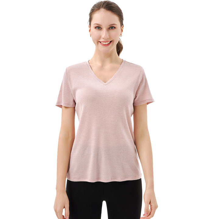 Women’s 100% Merino Wool V Neck T-Shirt Pink White Stripes - MT35