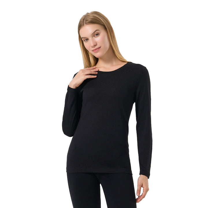 Langarm-T-Shirt für Damen, 100 % Merinowolle, Schwarz – MT04