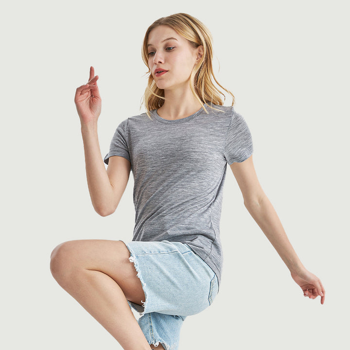T-Shirt für Damen, 100 % Merinowolle, Schwarz – MT02 
