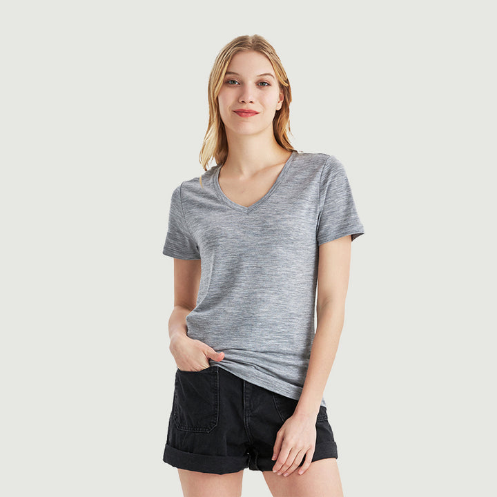 Damen-T-Shirt mit V-Ausschnitt, 100 % Merinowolle, Schwarz – MT10 