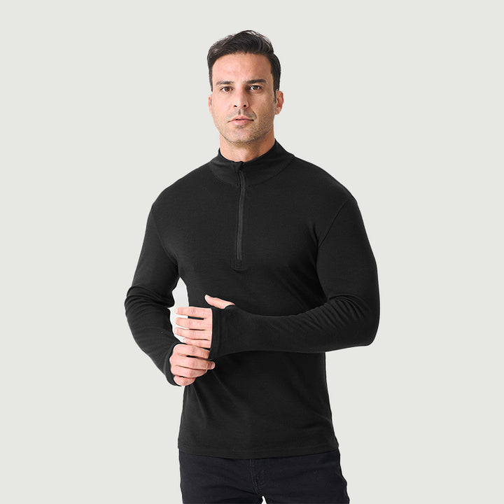 Camiseta interior 100% lana merina para hombre con cremallera de 1/4 Negro -MT08 