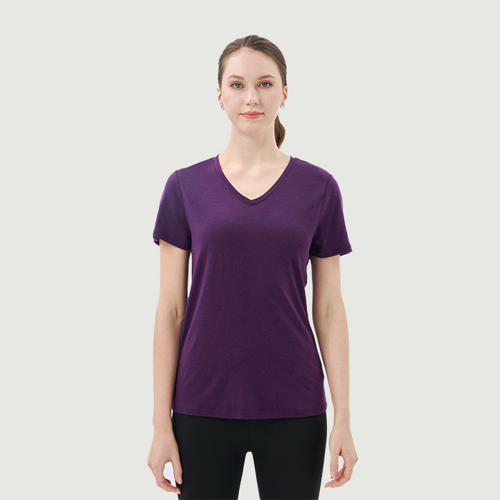 Damen-T-Shirt mit V-Ausschnitt, 100 % Merinowolle, Schwarz – MT10 