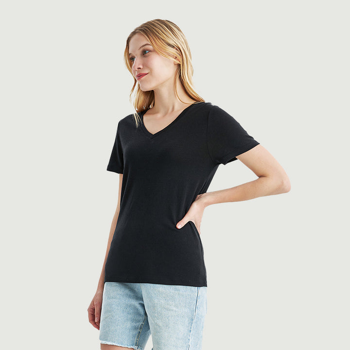 Damen-T-Shirt mit V-Ausschnitt, 100 % Merinowolle, Schwarz – MT10 