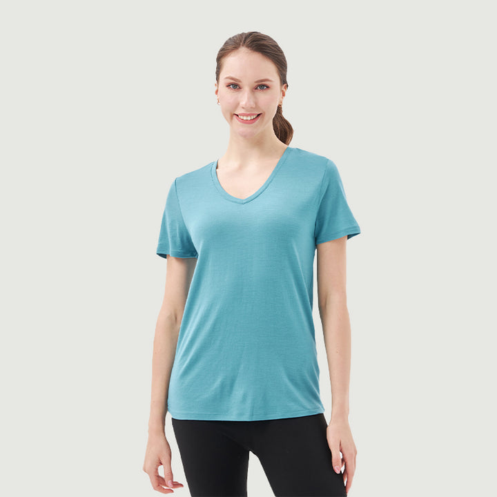 Damen-T-Shirt mit V-Ausschnitt, 100 % Merinowolle, Schwarz – MT10 