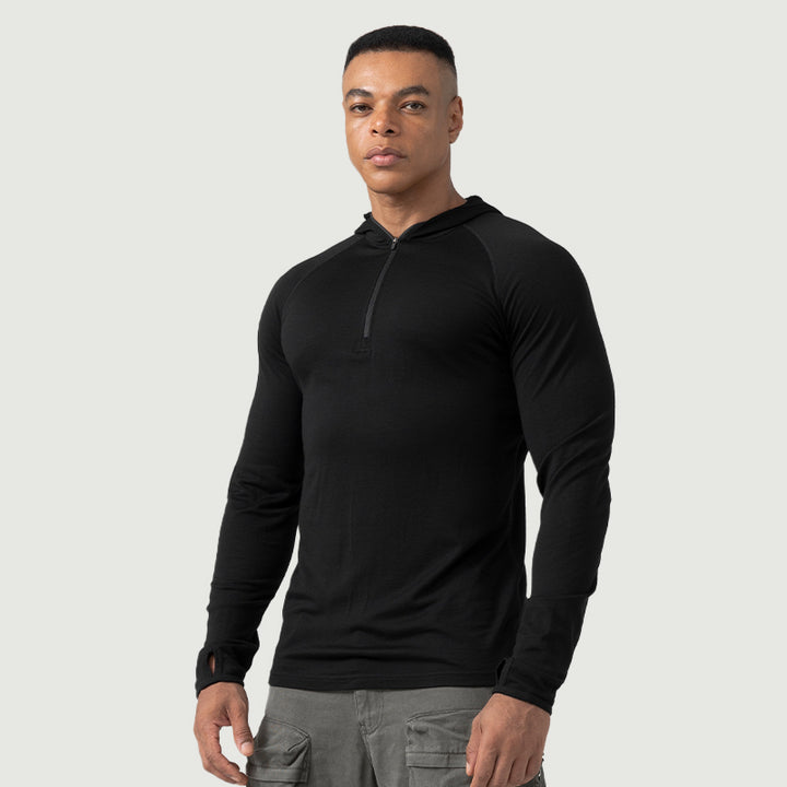 Baselayer für Herren, 100 % Merinowolle, 1/4-Reißverschluss, Schwarz – MT08 