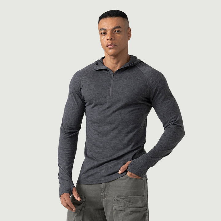Baselayer für Herren, 100 % Merinowolle, 1/4-Reißverschluss, Schwarz – MT08 