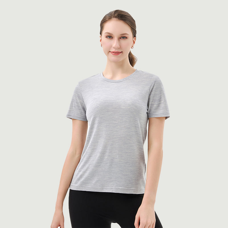 T-Shirt für Damen, 100 % Merinowolle, Schwarz – MT02 