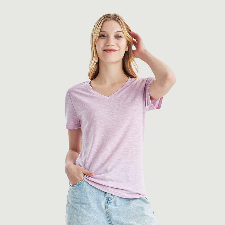 Damen-T-Shirt mit V-Ausschnitt, 100 % Merinowolle, Schwarz – MT10 