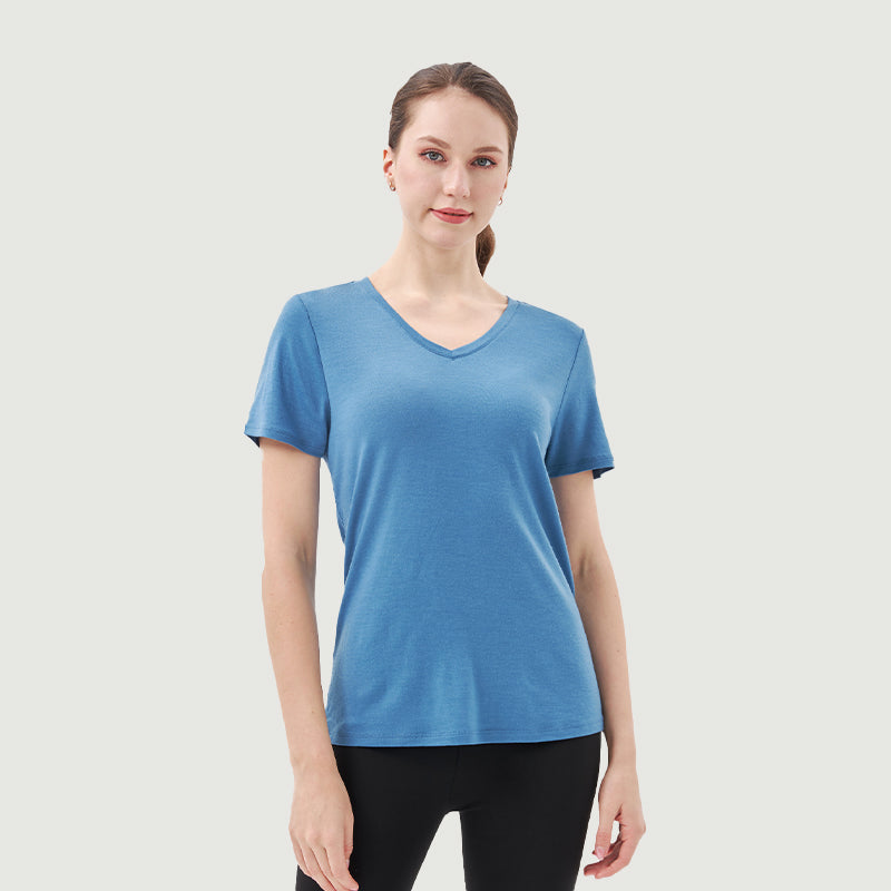 Damen-T-Shirt mit V-Ausschnitt, 100 % Merinowolle, Schwarz – MT10 