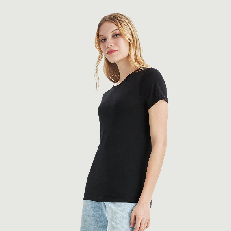 T-Shirt für Damen, 100 % Merinowolle, Schwarz – MT02 