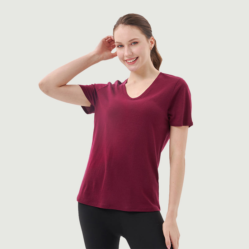 Damen-T-Shirt mit V-Ausschnitt, 100 % Merinowolle, Schwarz – MT10 