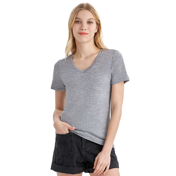 Women’s 100% Merino Wool V Neck T-Shirt Ebony Heather - MT10