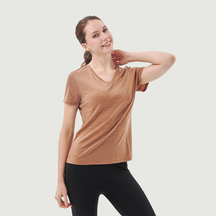 Damen-T-Shirt mit V-Ausschnitt, 100 % Merinowolle, Schwarz – MT10 