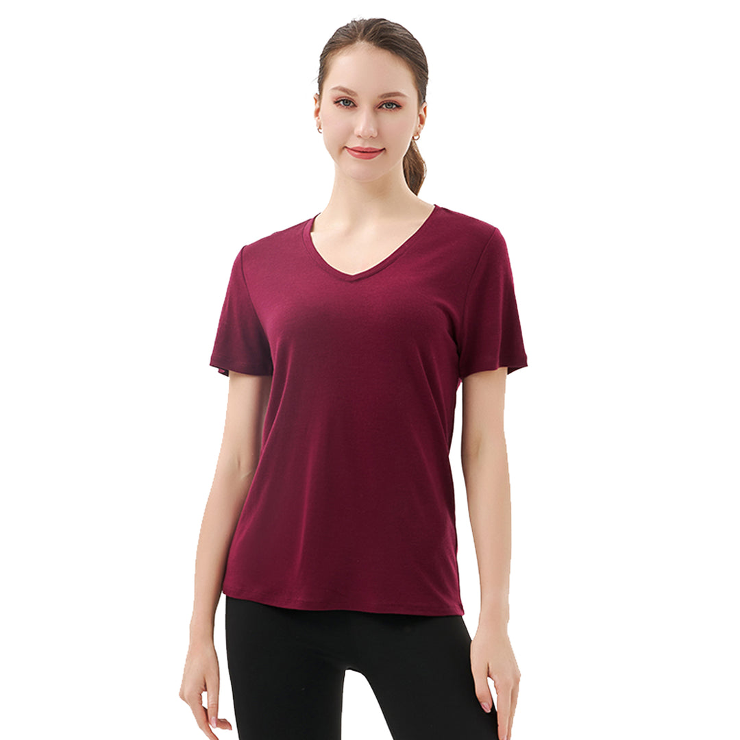 Women’s 100% Merino Wool V Neck T-Shirt Dark Red - MT10