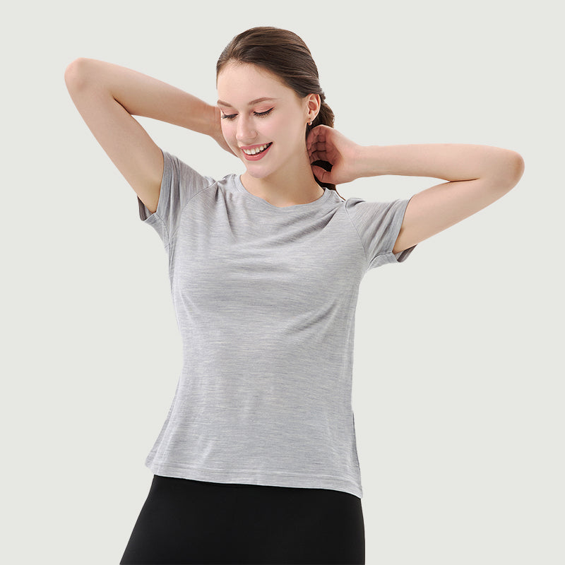 T-Shirt für Damen, 100 % Merinowolle, Schwarz – MT02 