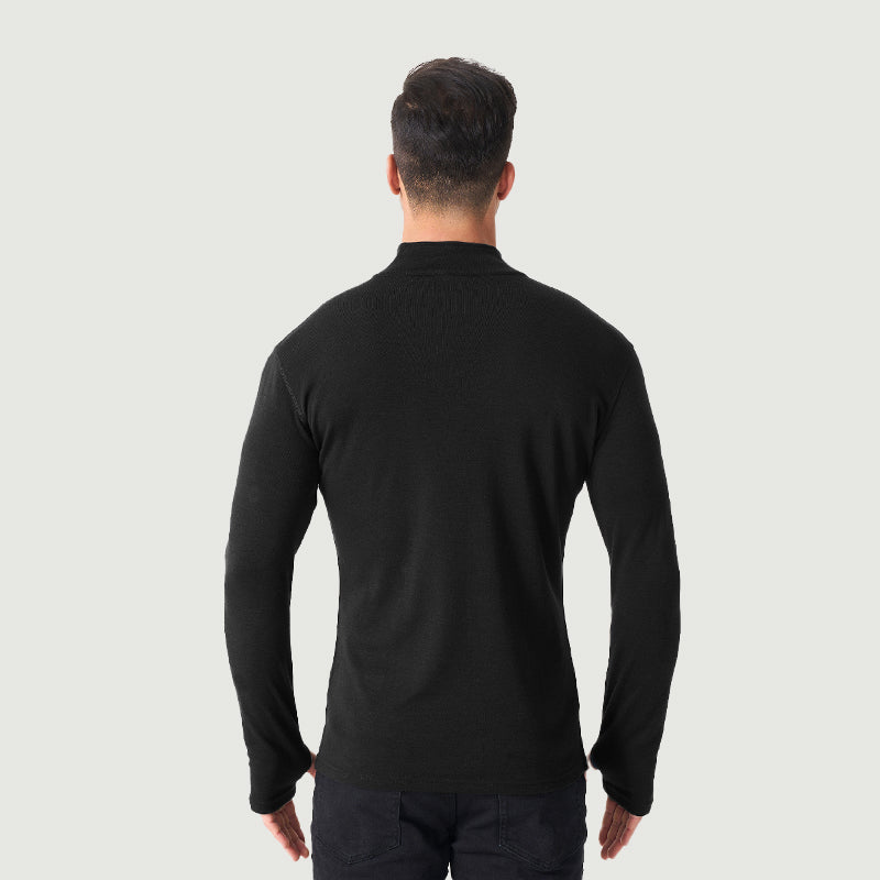 Camiseta interior 100% lana merina para hombre con cremallera de 1/4 Negro -MT08 