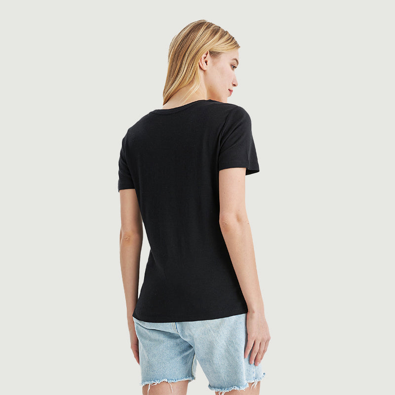 Damen-T-Shirt mit V-Ausschnitt, 100 % Merinowolle, Schwarz – MT10 