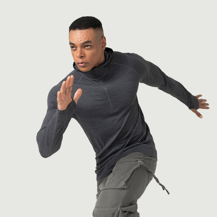 Baselayer für Herren, 100 % Merinowolle, 1/4-Reißverschluss, Schwarz – MT08 