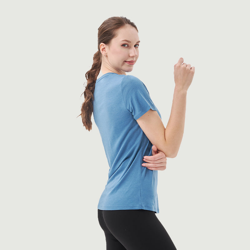 Damen-T-Shirt mit V-Ausschnitt, 100 % Merinowolle, Schwarz – MT10 