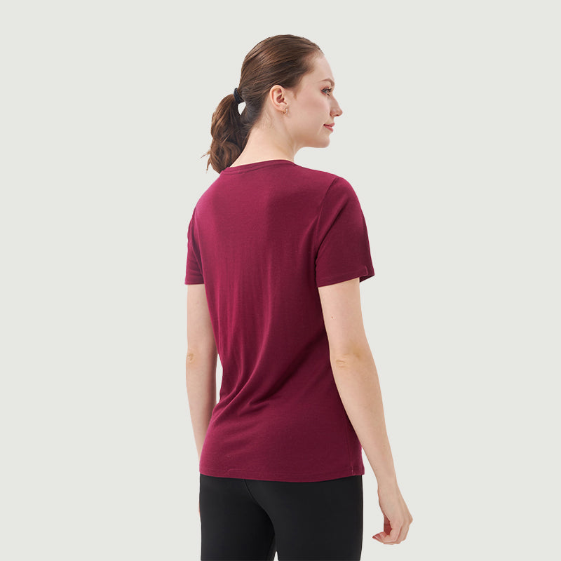 Damen-T-Shirt mit V-Ausschnitt, 100 % Merinowolle, Schwarz – MT10 